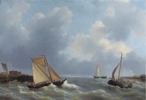 Petrus Johannes Schotel - Busy shipping by a jetty
