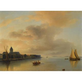 Petrus Johannes Schotel - Sailing Ships Near A Waterfront Town