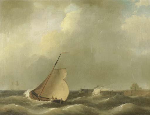 Petrus Johannes Schotel - Sailing vessels on choppy water by a coast