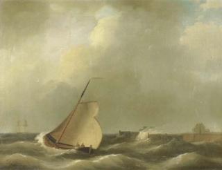Petrus Johannes Schotel - Sailing vessels on choppy water by a coast