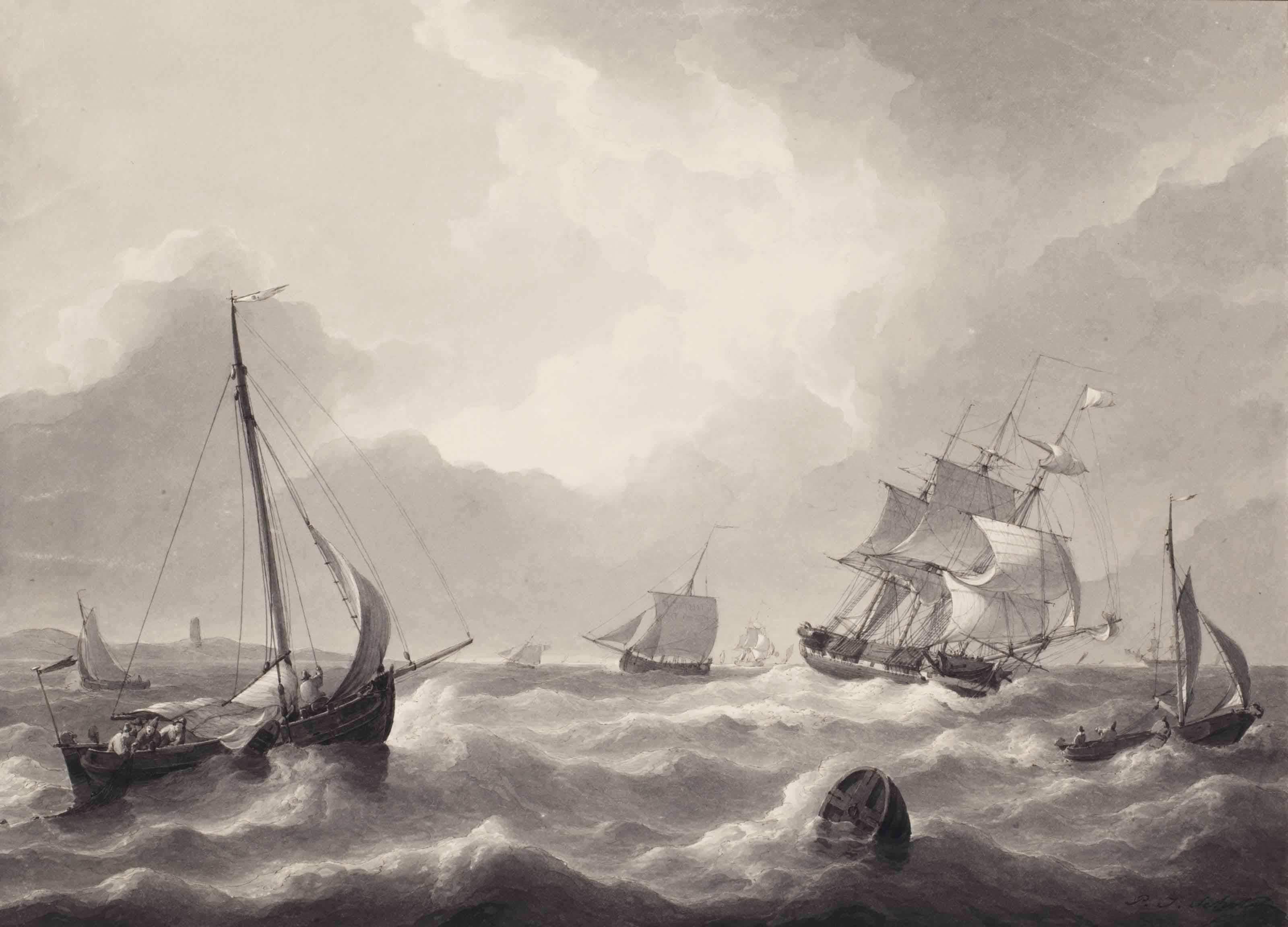 Petrus Johannes Schotel - Shipping on a choppy sea, possibly near Katwijk aan Zee