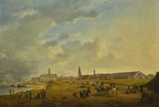 Petrus Johannes Van Regemorter - A View Of Antwerp With The River Scheldt To The Left, The Spire Of The Onze-Lieve-Vrouwekathedraal In The Distance, And Numerous Figures In The Foreground, Including An Artist Sketching 