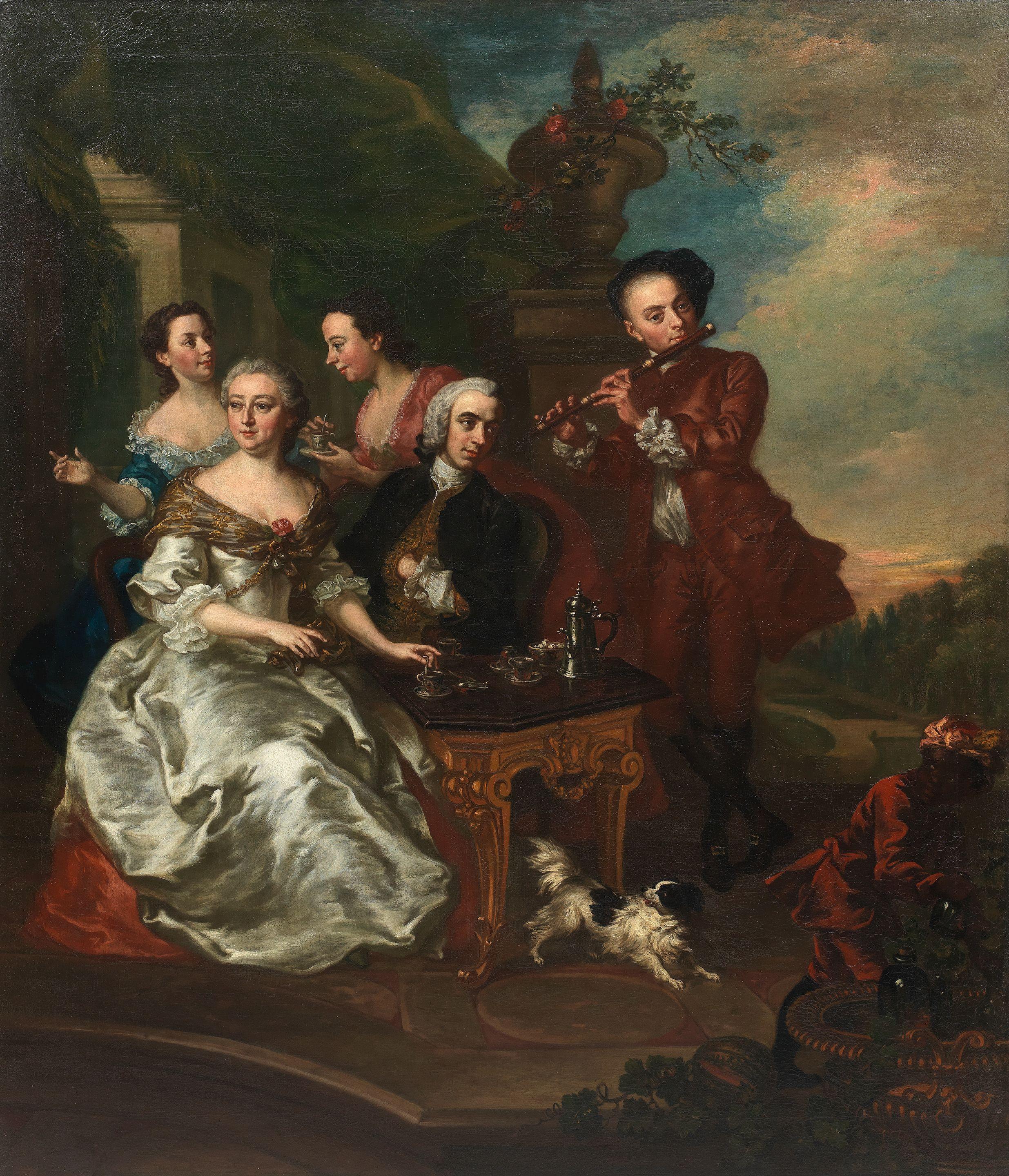 Petrus Johannes van Reysschoot - An elegant party taking coffee on a terrace, a park landscape beyond