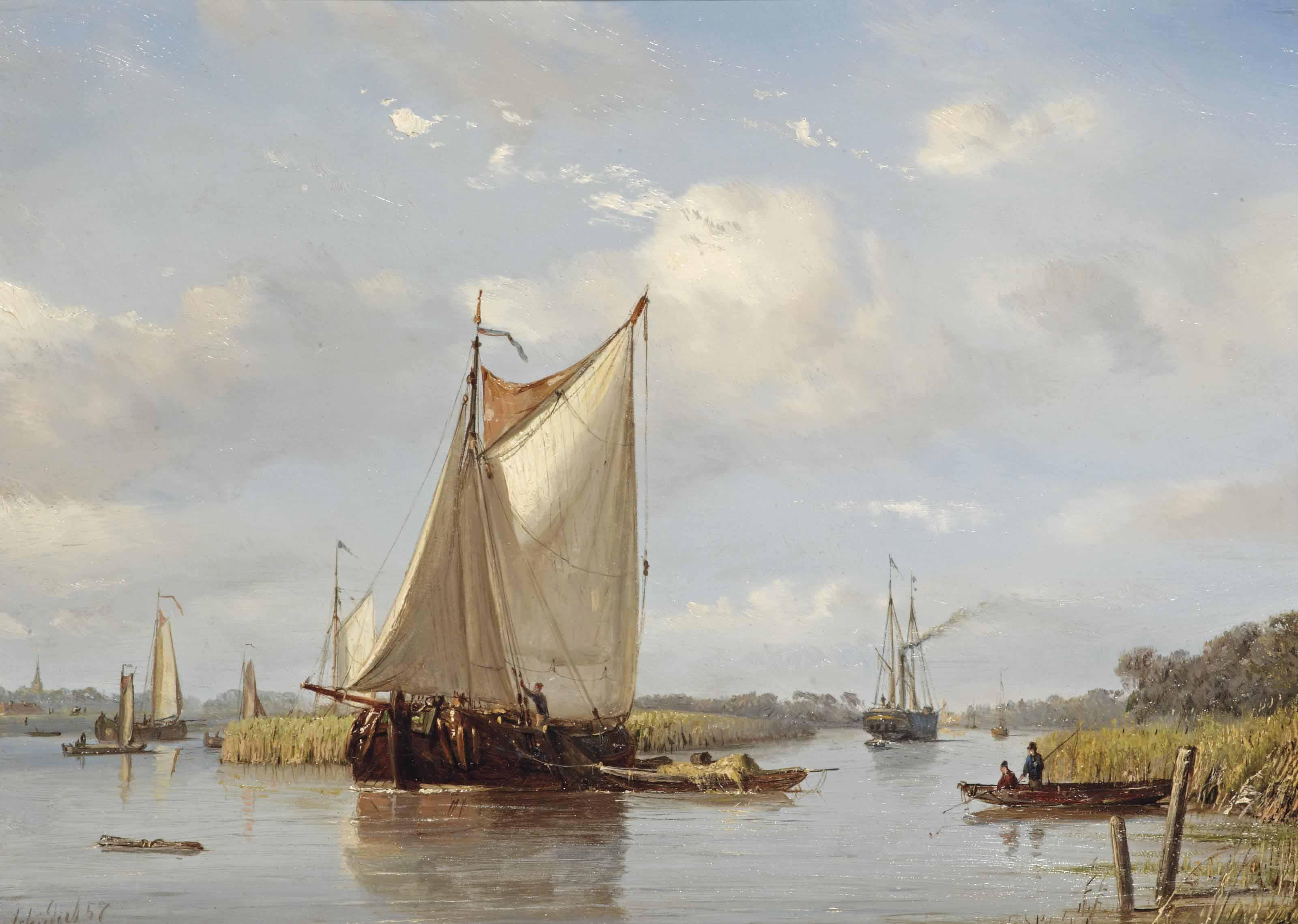 Petrus Paulus Schiedges - A Summer River Landscape With Flatboats