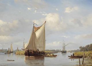 Petrus Paulus Schiedges - A Summer River Landscape With Flatboats