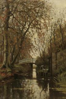 Petrus Paulus Schiedges - An autumn forest with a washerwoman near a bridge