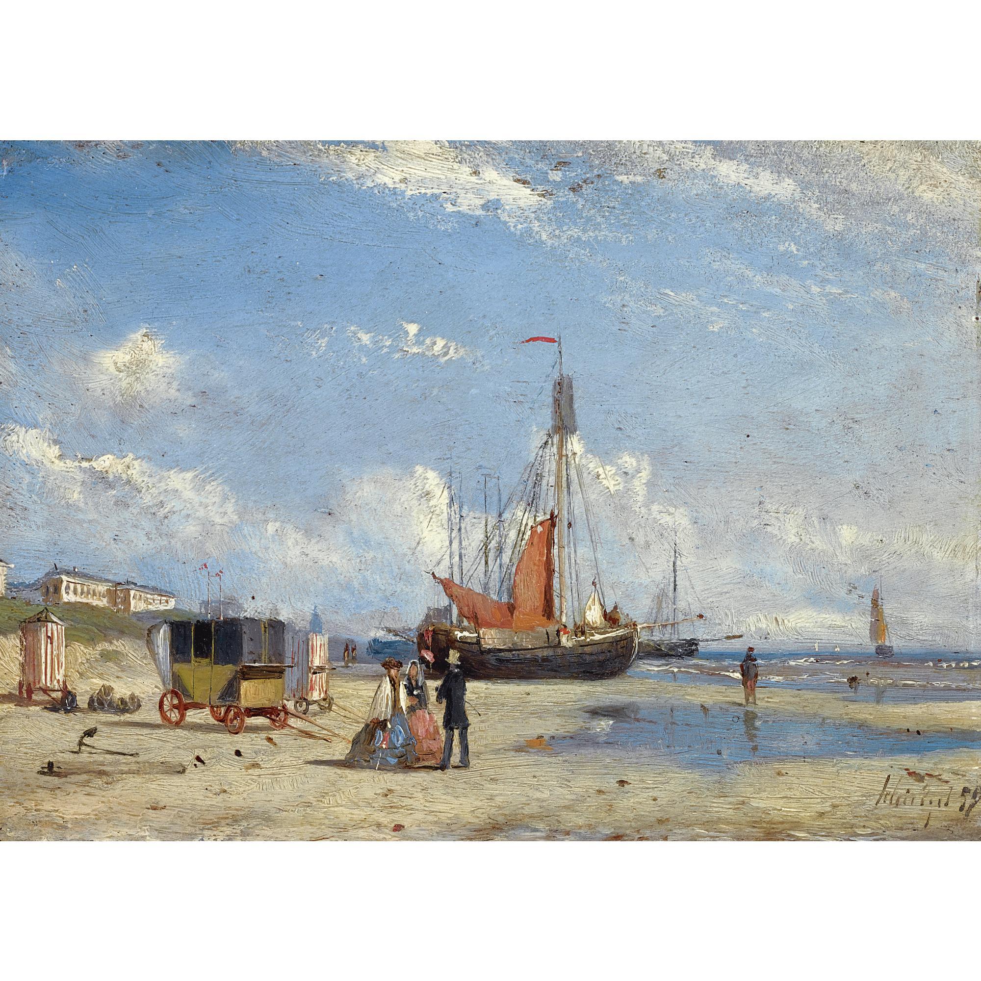 Petrus Paulus Schiedges - Dutch Figures On Scheveningen Beach Near The Badhotel And Paviljoen Von Wied