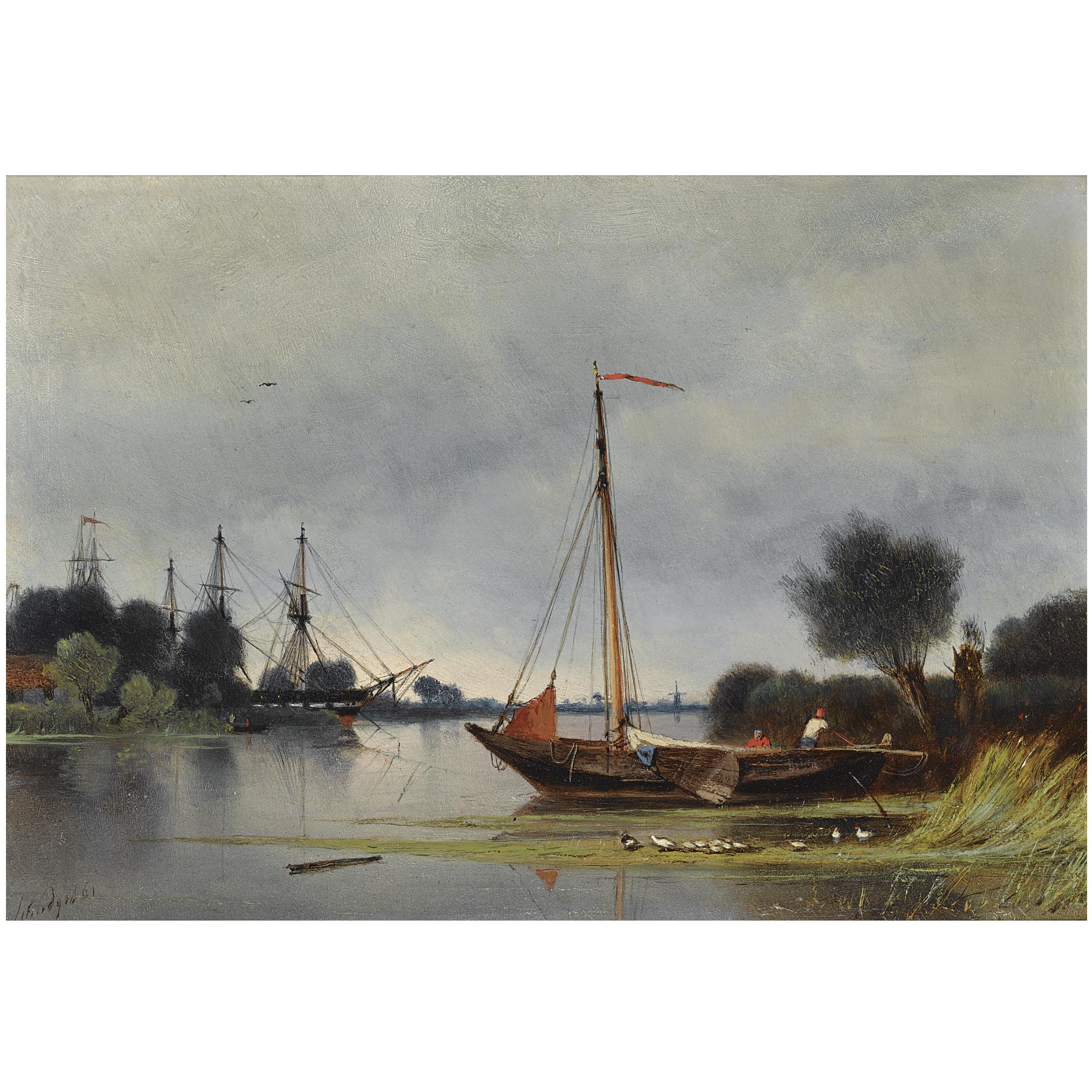 Petrus Paulus Schiedges - Dutch Shipping Off A River Bank