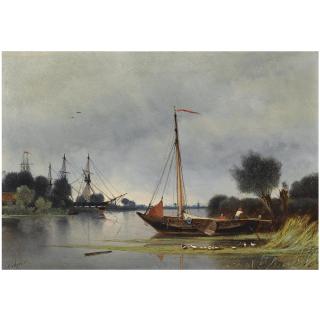 Petrus Paulus Schiedges - Dutch Shipping Off A River Bank