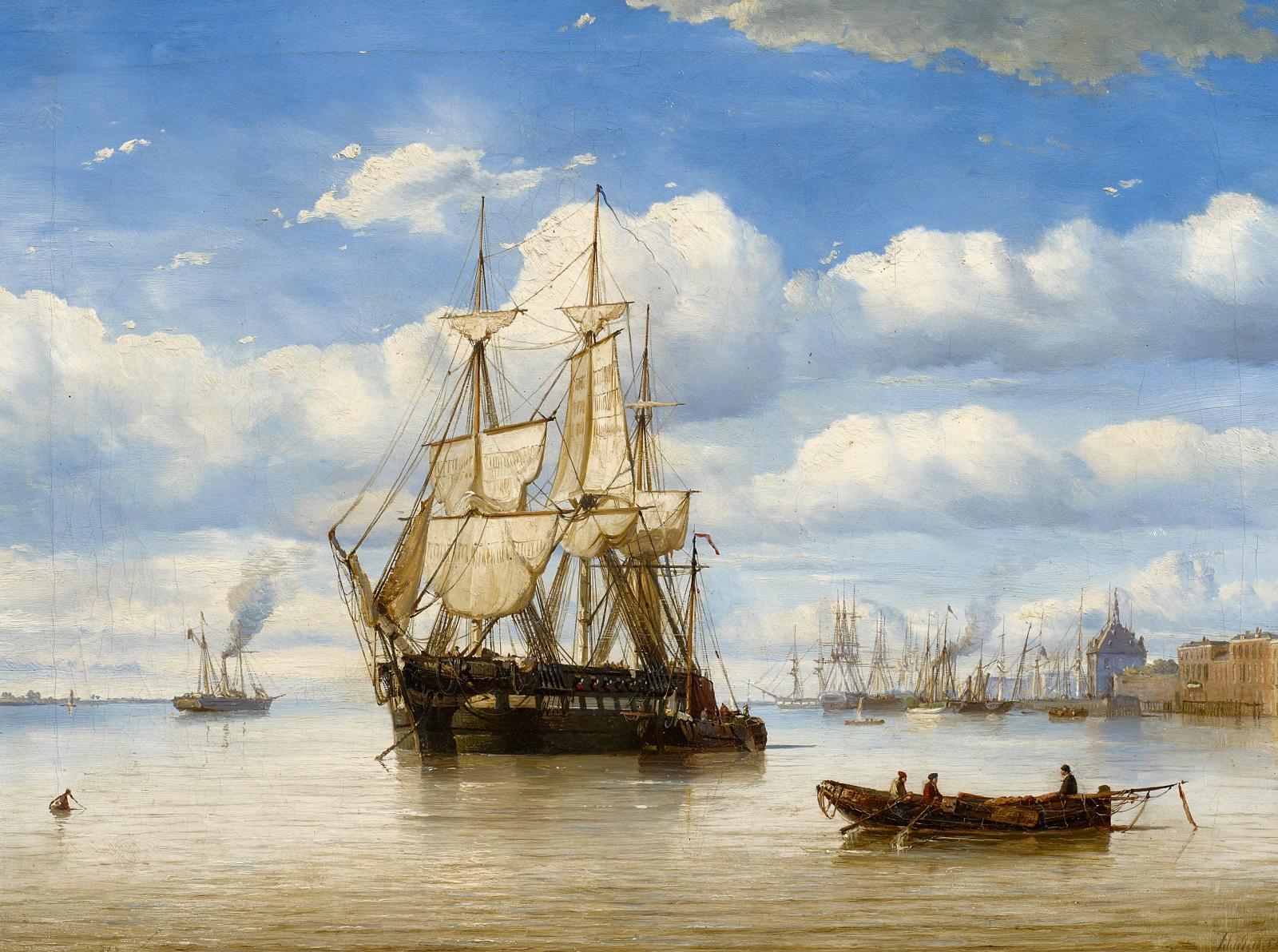 Petrus Paulus Schiedges - Hafen mit Dampfern und vor Anker liegendem Segler