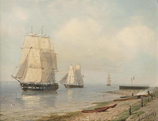 Petrus Paulus Schiedges - Sailingvessels along a shore