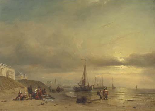 Petrus Paulus Schiedges - Sunset over the beach of Scheveningen, with the Badhuis and the Paviljoen von Wied in the foreground