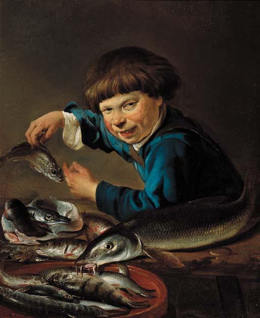 Petrus Staverenus - A boy standing by a table laden with fish
