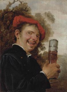 Petrus Staverenus - An allegory of Taste: A man, bust-length, in a black jacket and red beret, holding a pasglas