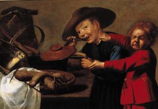 Petrus Staverenus - Boys quarrelling over a bowl of soup in a kitchen