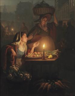 Petrus van Schendel - A busy night market with a vegetable stall