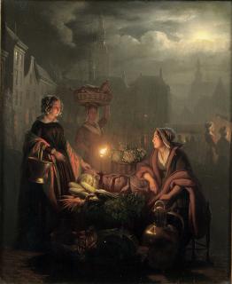 Petrus van Schendel - A busy night market with a vegetable stall