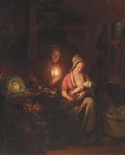 Petrus van Schendel - A Family in a candlelit Interior