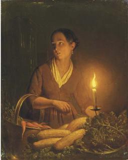 Petrus van Schendel - A girl at the night market