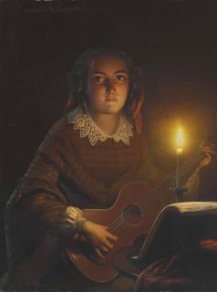 Petrus Van Schendel - A Girl Playing a Guitar by Candlelight