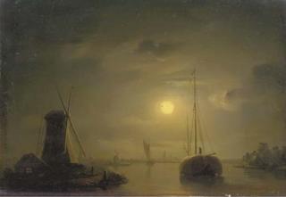 Petrus Van Schendel - A haybarge on a moonlit river