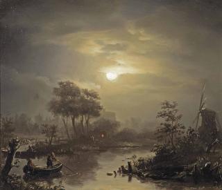Petrus Van Schendel - A Moonlit River Landscape, With A Town In The Distance