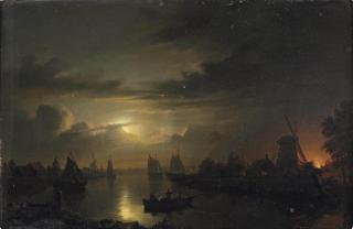 Petrus van Schendel - A moonlit river with a fire blazing in the background