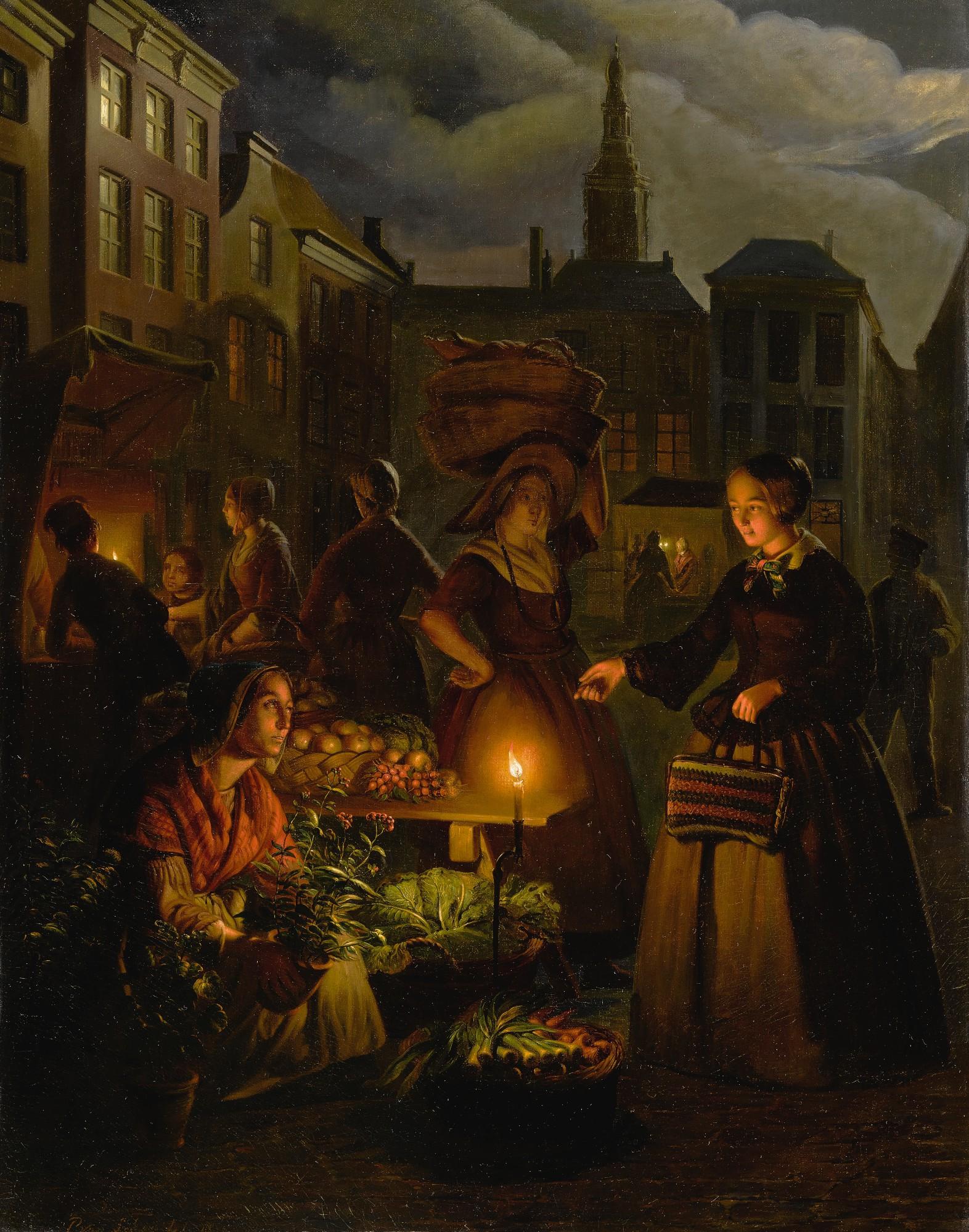 Petrus Van Schendel - A Moonlit Vegetable Market On De Grote Markt, The Hague
