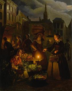 Petrus Van Schendel - A Moonlit Vegetable Market On De Grote Markt, The Hague