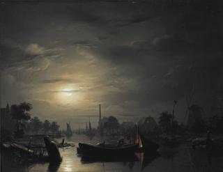 Petrus Van Schendel - A River Landscape In Silver Moonlight