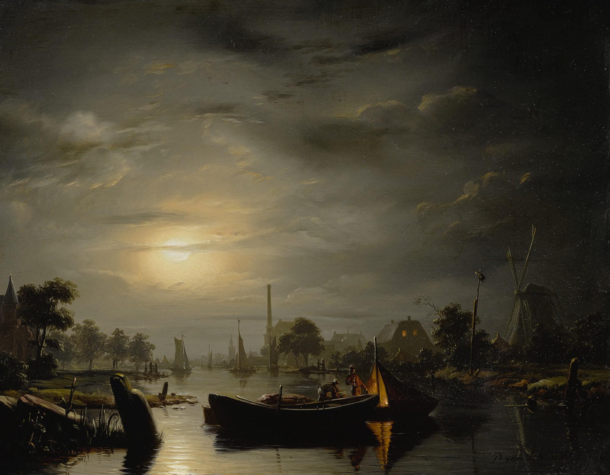 Petrus Van Schendel - A River Landscape In Silver Moonlight