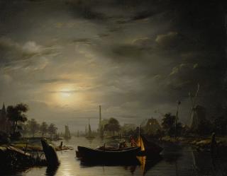 Petrus Van Schendel - A River Landscape In Silver Moonlight