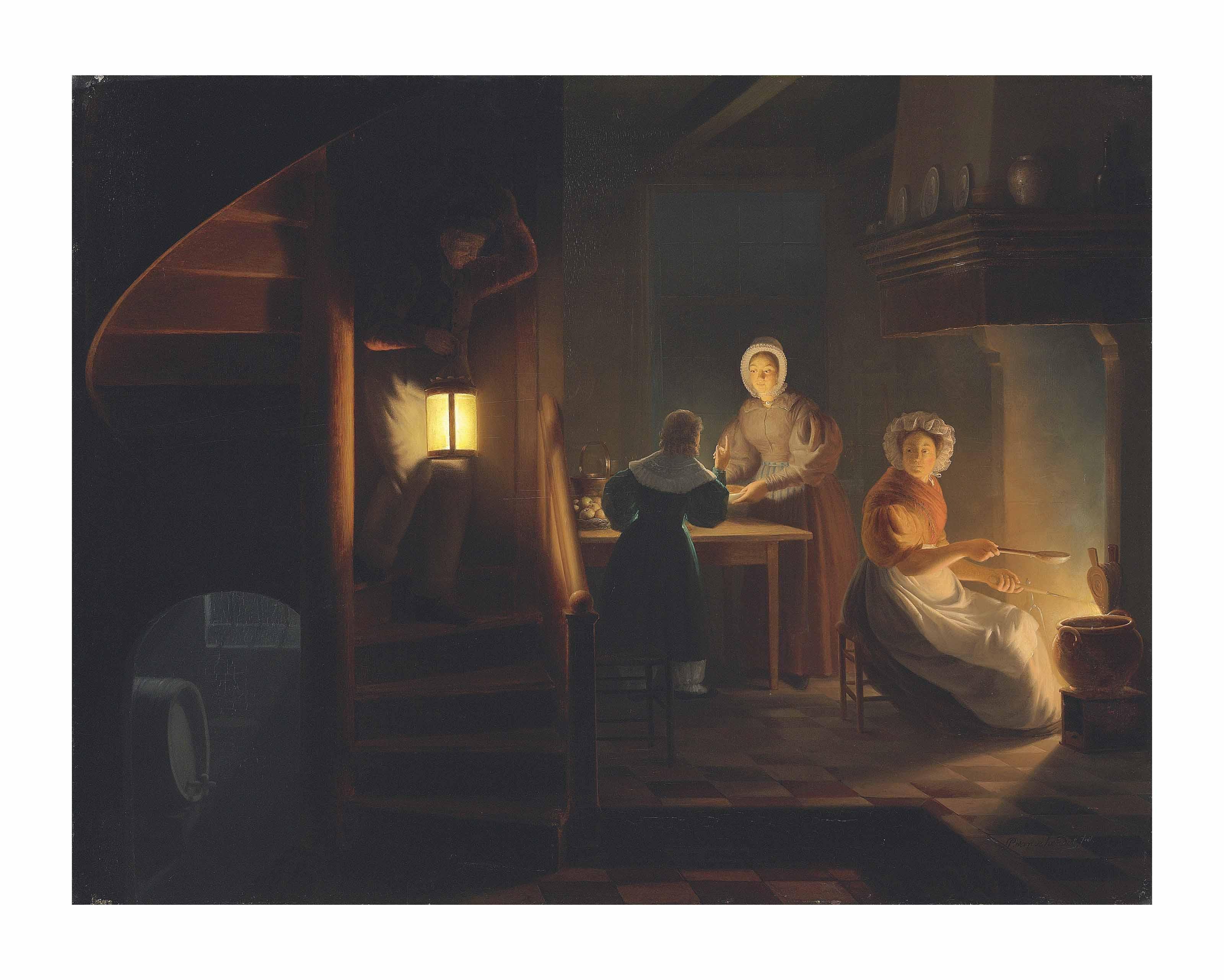 Petrus Van Schendel - Conversing in the kitchen