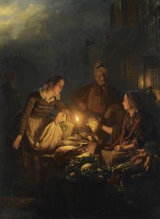 Petrus Van Schendel - Dutch moonlit Market In The Hague