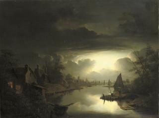 Petrus van Schendel - Maaneffect: a Dutch riverside-town by nightfall