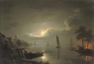 Petrus Van Schendel - Maanenschijn: sailing at night near Rotterdam with the St. Laurenskerk beyond