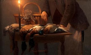 Petrus Van Schendel - Still life of game on a candlelit table