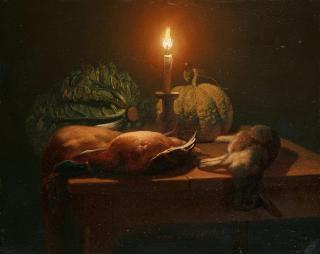 Petrus van Schendel - Stillleben mit Enten, Kaninchen, Kürbis und Kohl im Kerzenschein