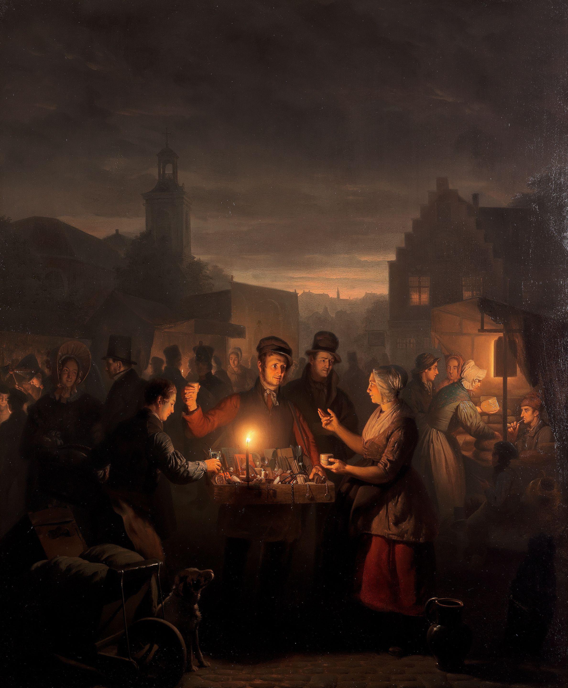 Petrus van Schendel - The Noordermarkt by Night, Amsterdam