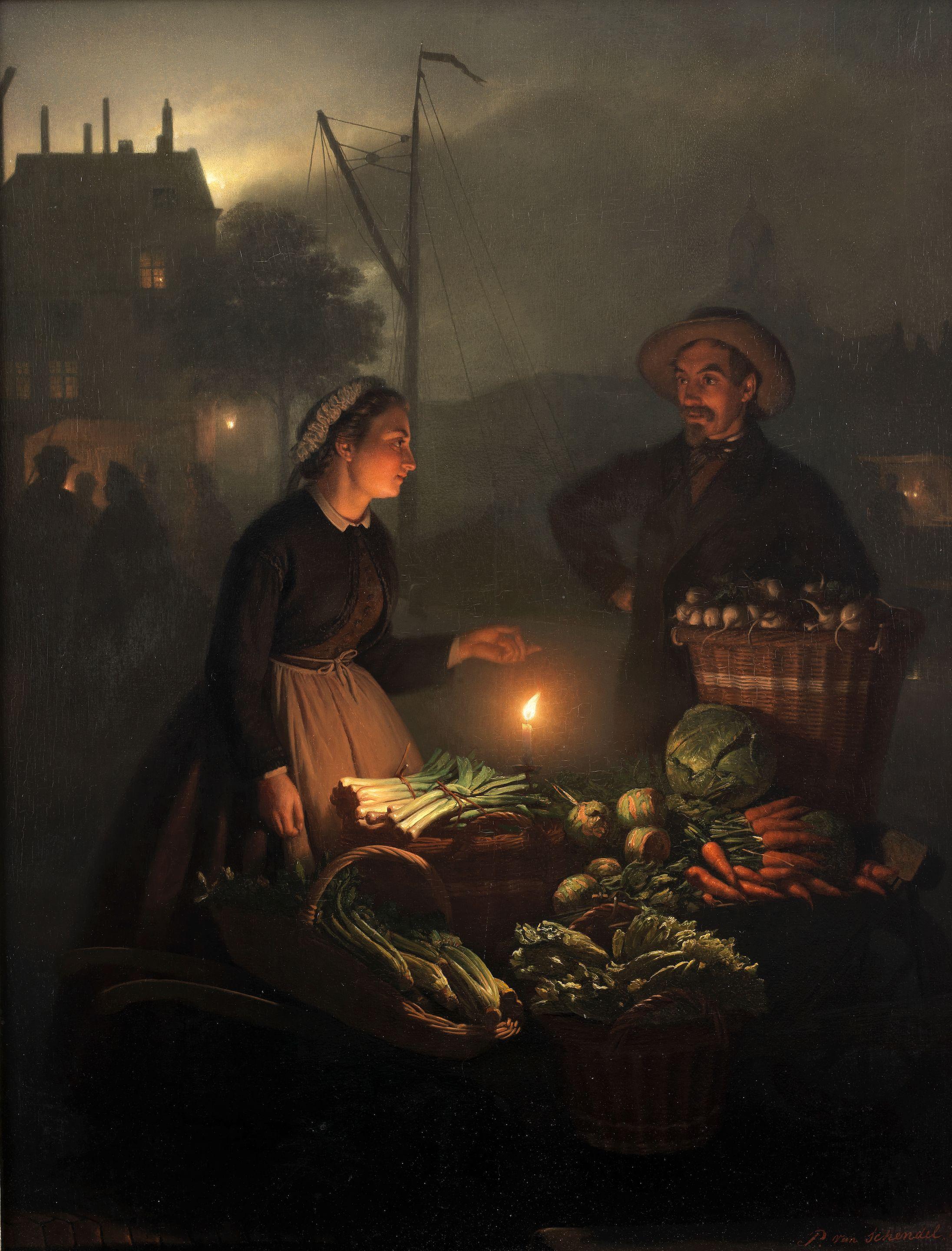 Petrus Van Schendel - The vegetable stall by candlelight
