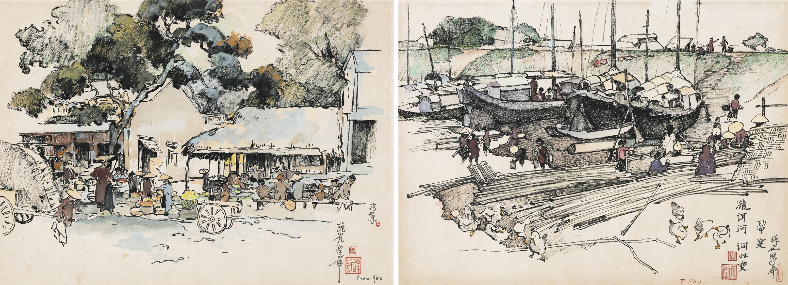 Pham Hau - (i)Vietnamese Market Scene; & (ii) Fishing Village (two works)