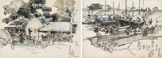 Pham Hau - (i)Vietnamese Market Scene; & (ii) Fishing Village (two works)