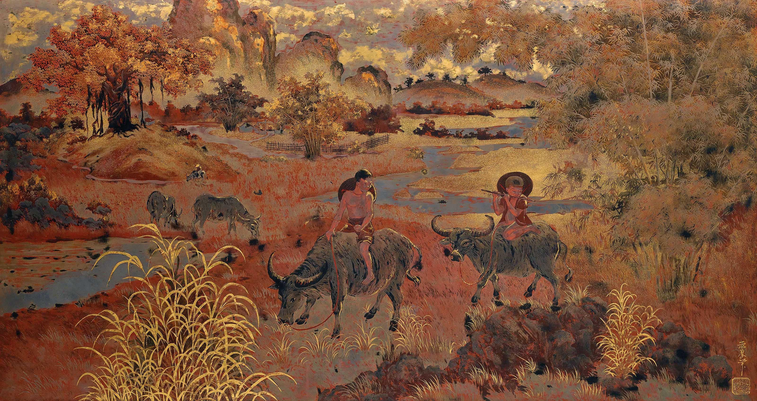 Pham Hau - Young Cowherds In Tonkinese Landscape