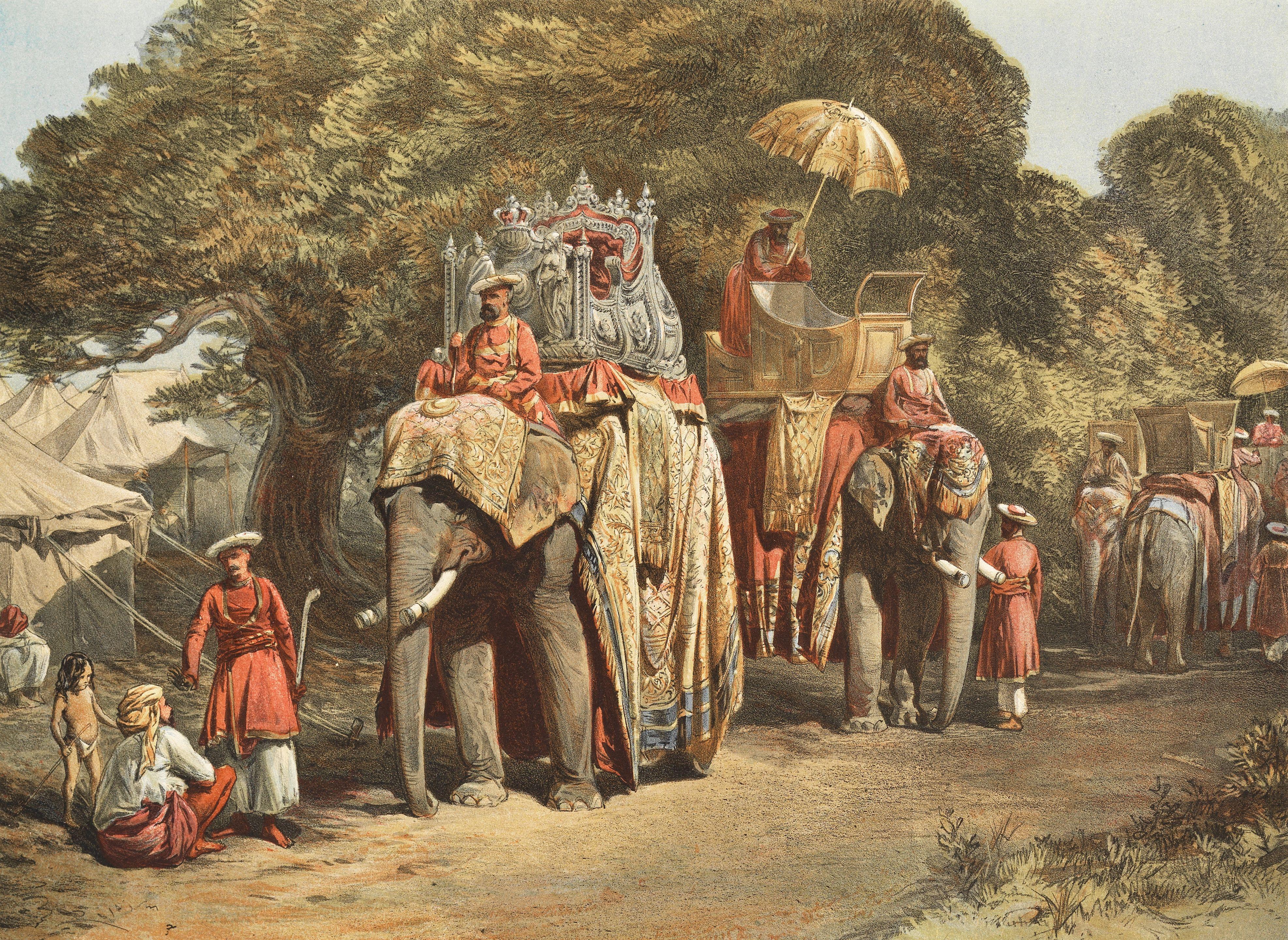 \'Pheel Khan, Or Elephants\' Quarters, Holcar\'S Camp\'; And 10 Further Views From India Ancient And Modern... The Country And People Of India And Adjacent Territories Chromolithographs After William Simpson, Laid On Card As Issued, Window-Mounted, With