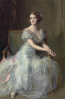 Philip Alexius de László - Portrait Of Lady Illingworth, Seated Full-Length, In A Blue Ball Gown With Pink Ribbon