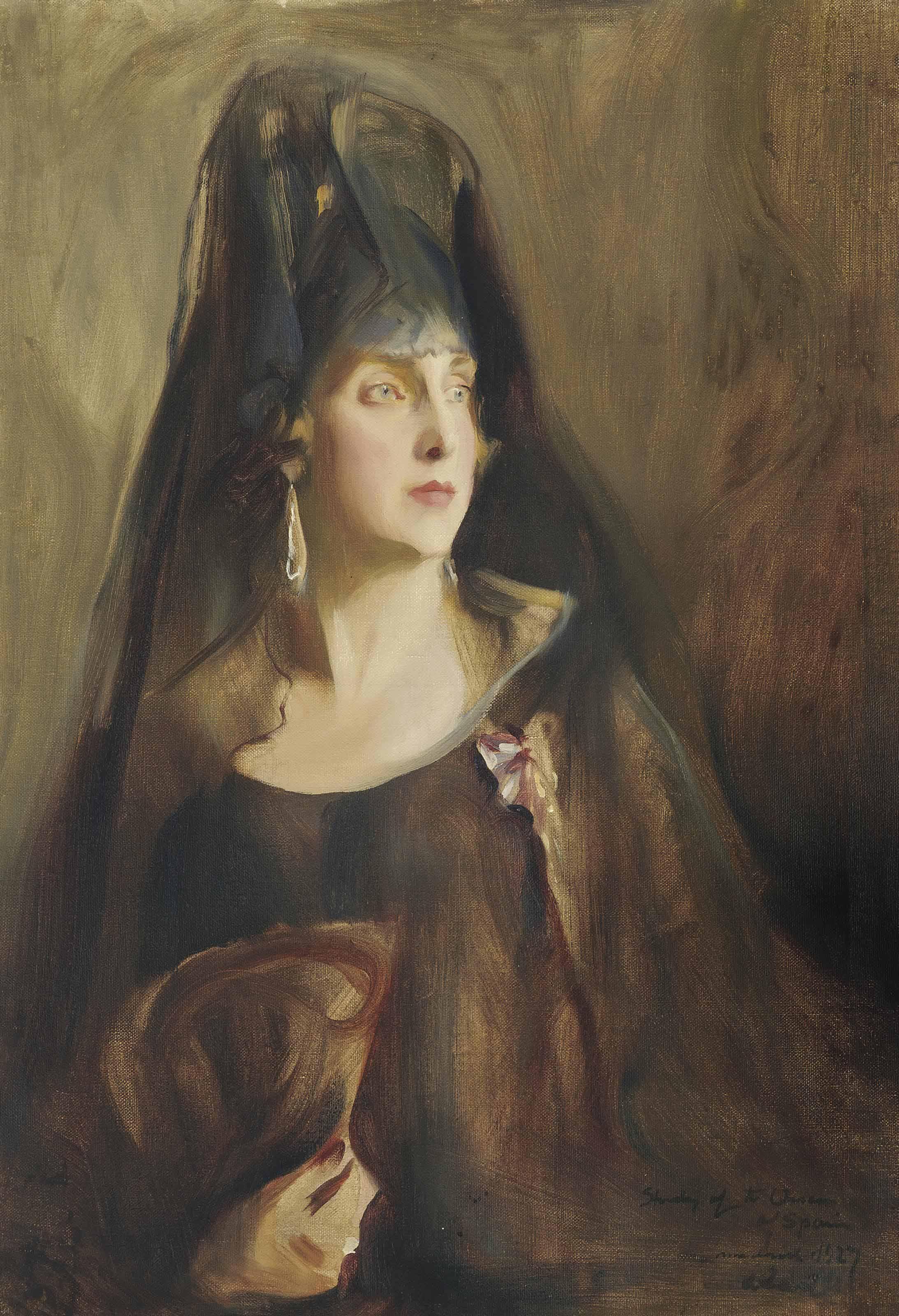 Philip Alexius De László - Portrait of Queen Victoria Eugenia of Spain (1887-1969), half-length, wearing a plain sleeveless black gown, the Order of Queen María Luisa on a purple and white ribbon pinned to her dress, holding a fan in her right hand