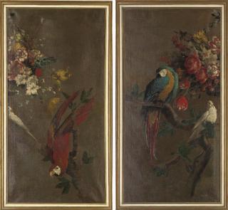 Philip Connard - Scarlet macaw with a dove, on a branch; and Red and blue macaw, with a dove, on a branch