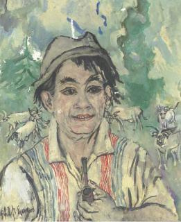 Philip Evergood - Farmer with pipe, cows and bulls