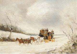 Philip H. Rideout - A stage coach in a winter landscape; and A stage coach in a summer landscape