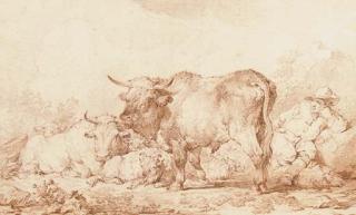 Philip Jakob De Loutherbourg, R.A. - Un taureau, avec des vaches et des chèvres, un homme accoudé sur la droite
